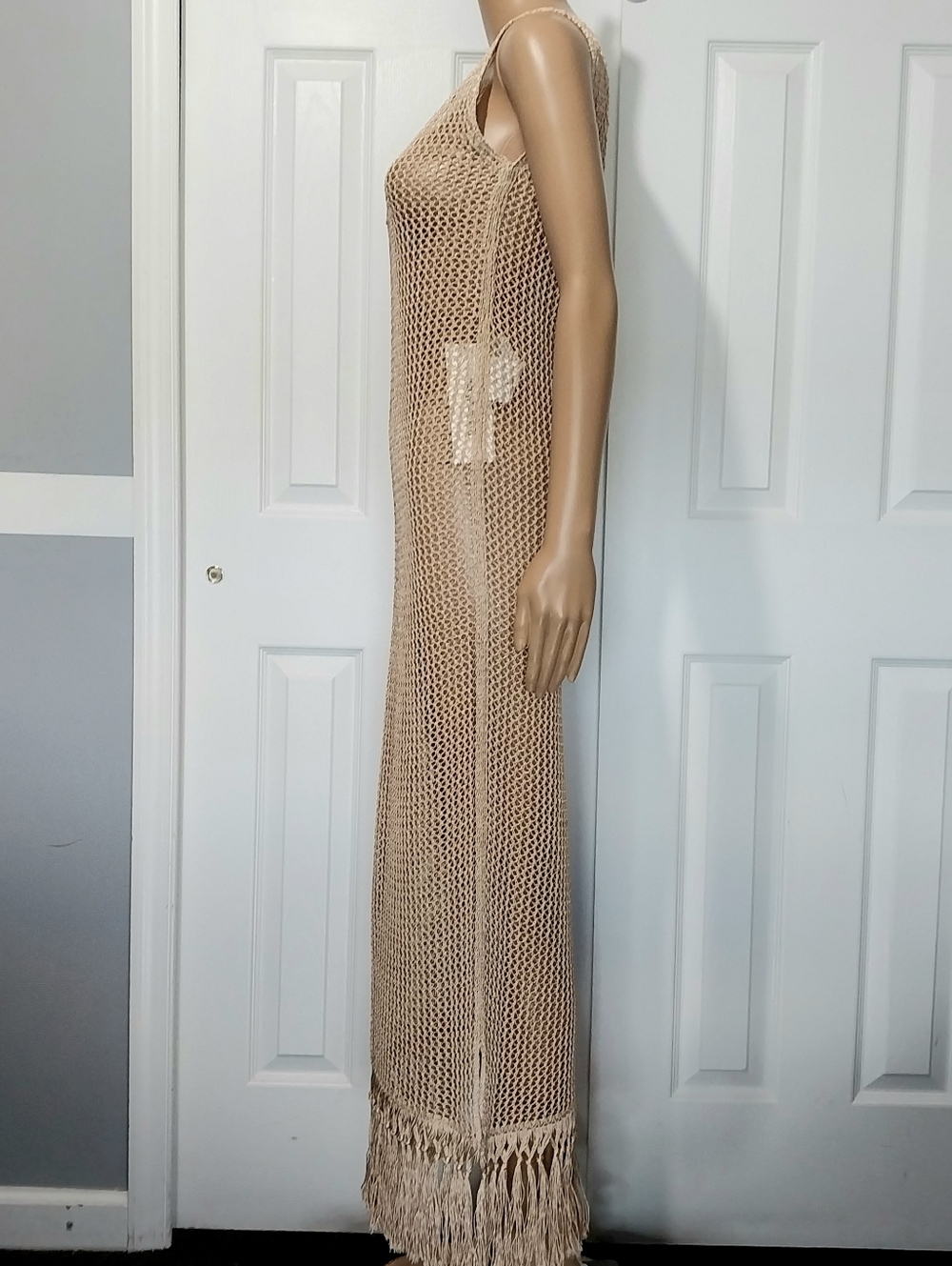 Golden Crochet Dress with Fringe, NWOT, Size S - Picture 4 of 11